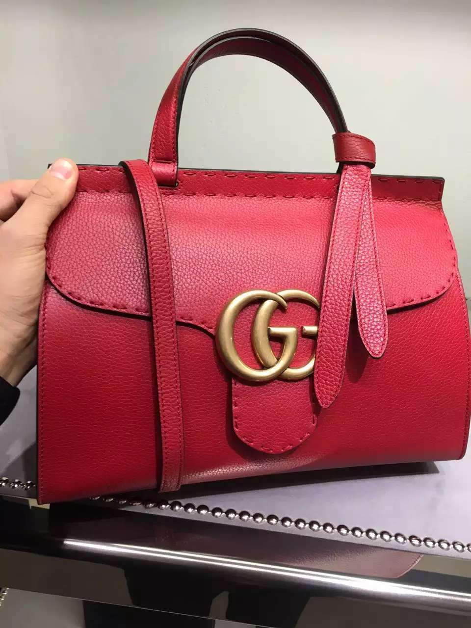 Gucci GG Marmont Leather Handle Bag 409155 A7M0T 6339 Red